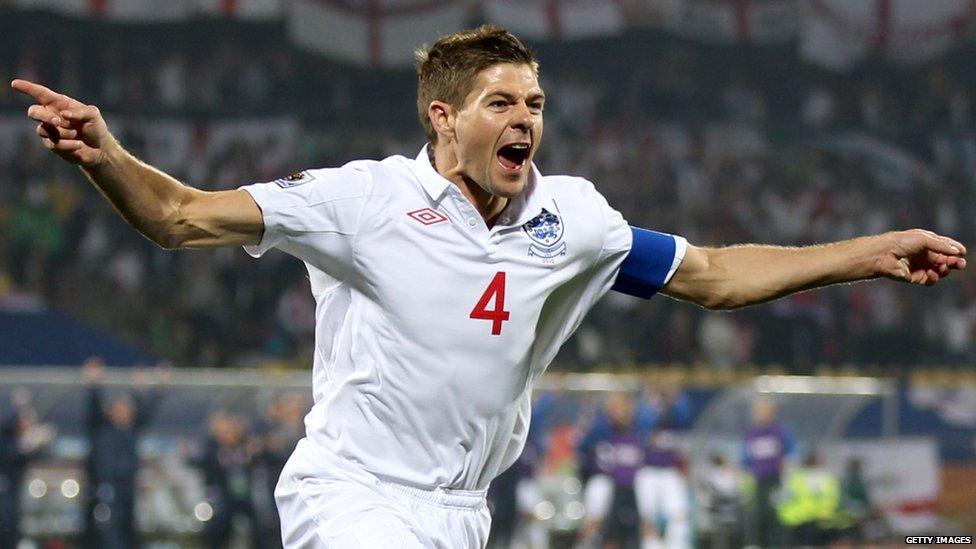 Steven Gerrard celebrates scoring England's first goal during the 2010 World Cup in South Africa.