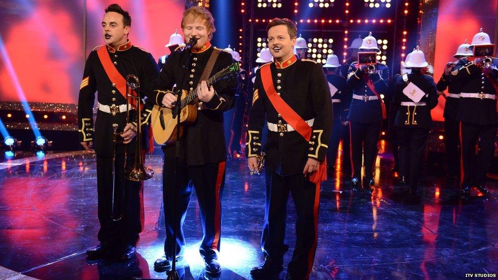 Ant, Ed Sheeran and Dec appear on Saturday Night Takeaway dressed in the Royal Marines uniform