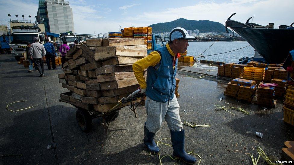 A man pulling empty crates at Busan's Jagalchi's fish market.