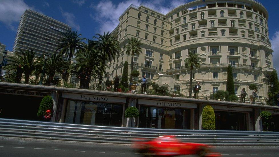 Eddie Irvine of Great Britain races down a straight in his Ferrari during the Monaco Grand Prix in Monte Carlo. Irvine finished third.