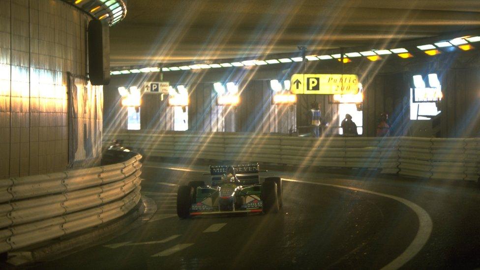 15 MAY 1994: MICHAEL SCHUMACHER OF GERMANY DRIVES THROUGH THE TUNNEL IN HIS BENETTON FORD DURING THE MONACO GRAND PRIX AT THE CIRCUIT DE MONACO, MONTE CARLO. SCHUMACHER WON THE RACE WITH MARTIN BRUNDLE (MCLAREN PEUGEOT) AND GERHARD BERGER (FERRARI) COMING SECOND AND THIRD RESPECTIVELY