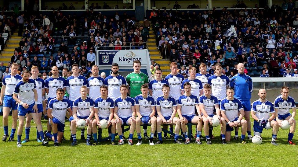 The men from Monaghan line up for the photographers ahead of the Breffni Park throw-in