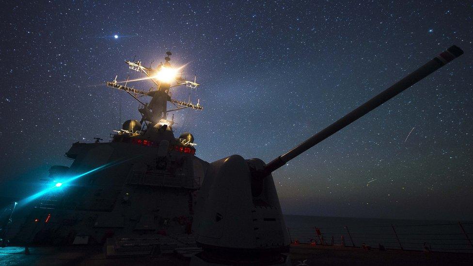 The Pentagon says the USS Ross is travelling international waters