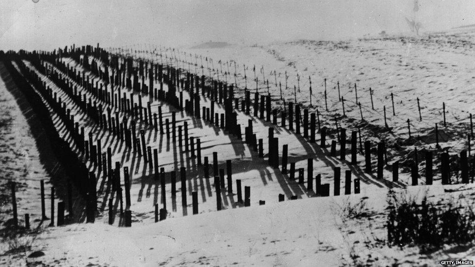 The wilderness of tank barriers in the Maginot Line, forming part of the complicated defence system that made up the Maginot Line.