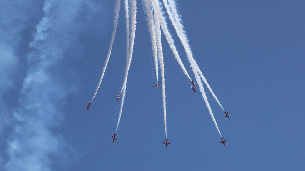 The RAF's aerobatic display team Red Arrows performing at RAF Valley on Anglesey captured by Chris Hotchkiss.