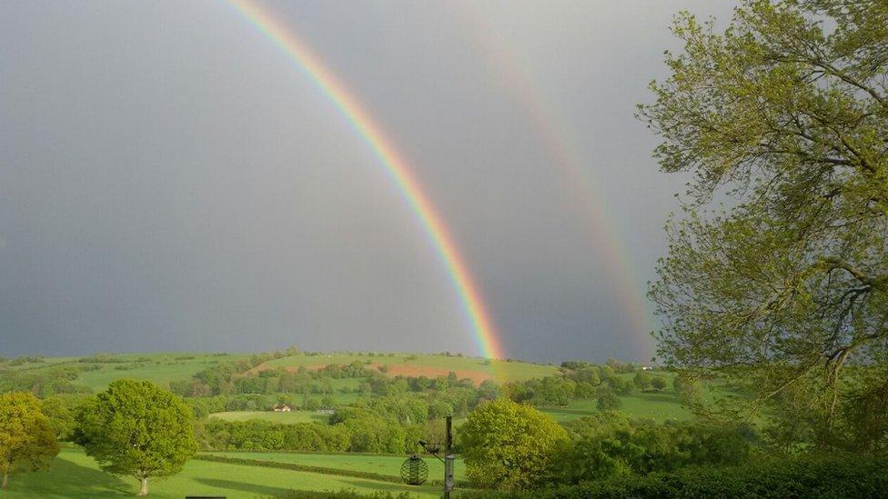 A double rainbow taken by Jackie Lowrie at Cwm Golau, near Llanfair Caereinion, Powys.