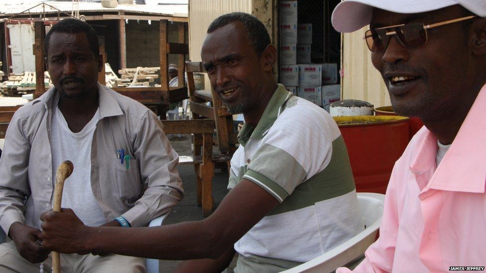 Out-of-work members of the Somaliland Seaman's Union gather at Berbera Port's docks