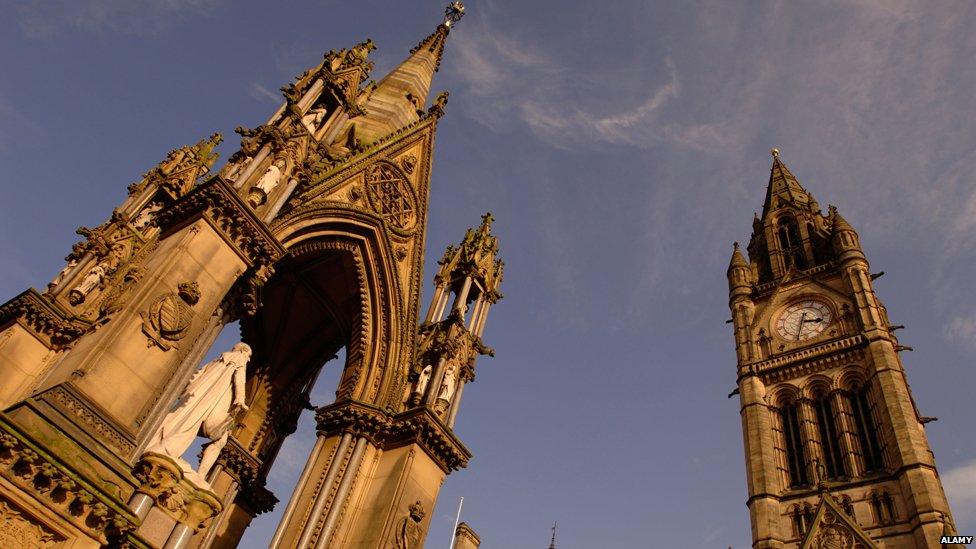 Manchester Town Hall clock tower and the Albert Memorial