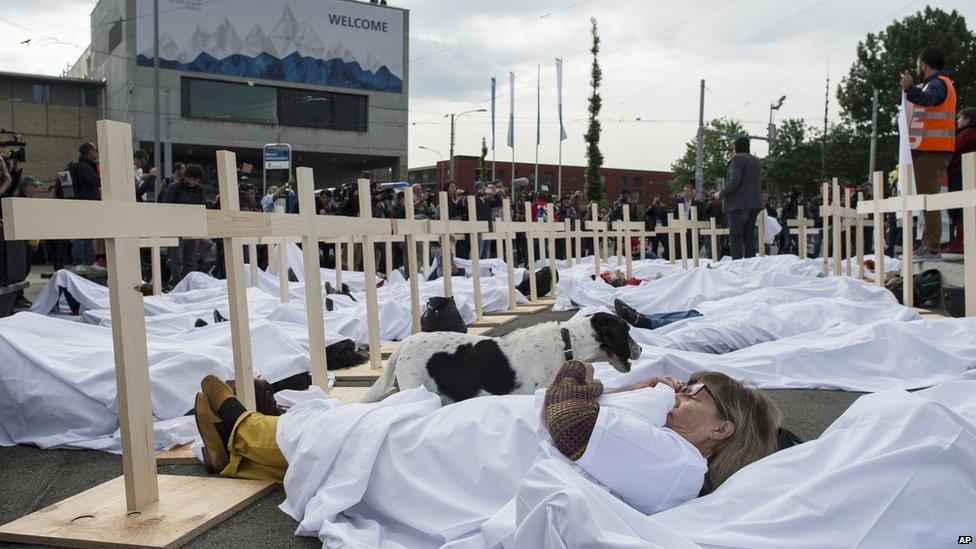 A trade union-organised protest in Zurich on 29 May against workers' conditions in Qatar