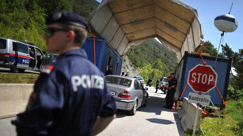 Austrian police officers check cars near the Austrian town of Telfs, 02 June 2015 where Bilderberg are due to meet