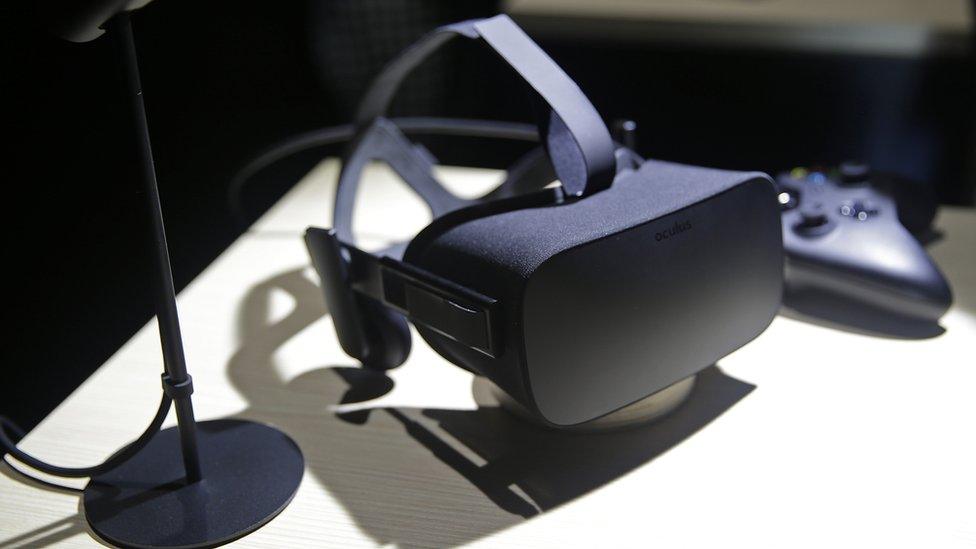 The new Oculus Rift virtual reality headset on display following a news conference.