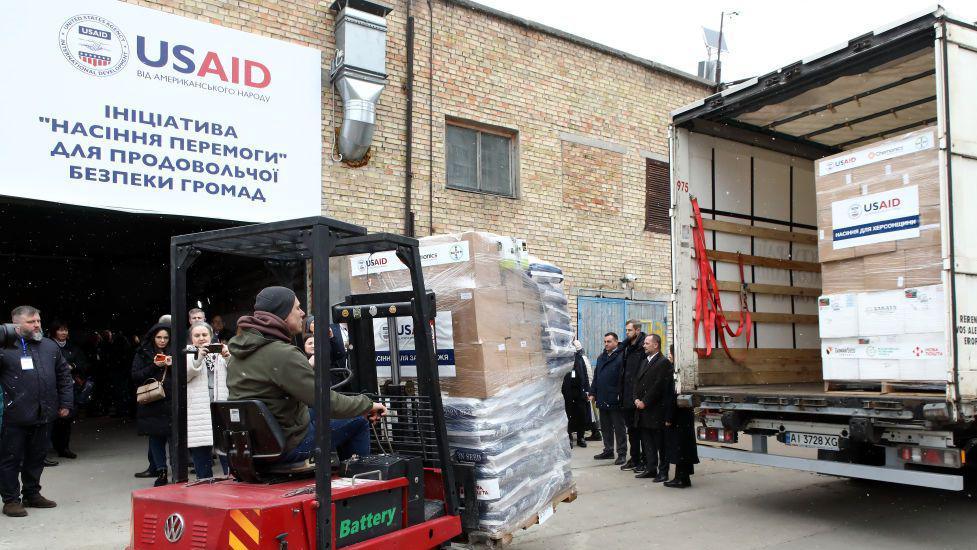 USAID delivers tonnes of vegetable seeds near Kyiv, Ukraine in March 2024.