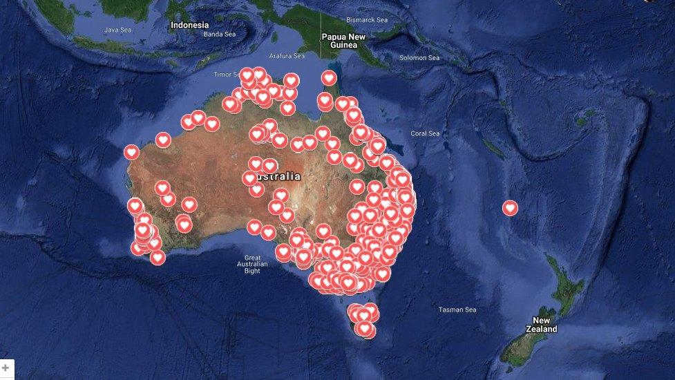 A map of Australia dotted with many different love hearts