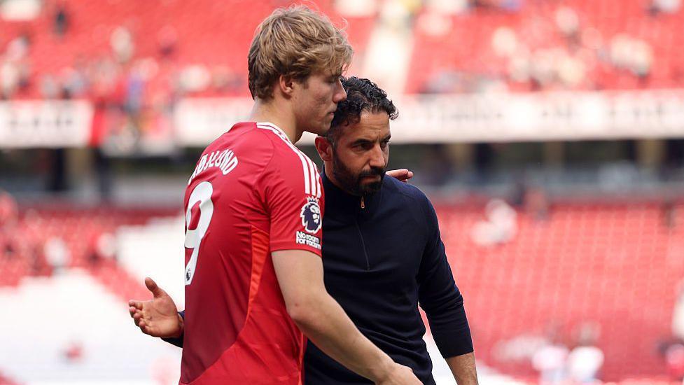 Rasmus Hojlund and Ruben Amorim embrace following Manchester United's Premier League defeat to West Ham in May