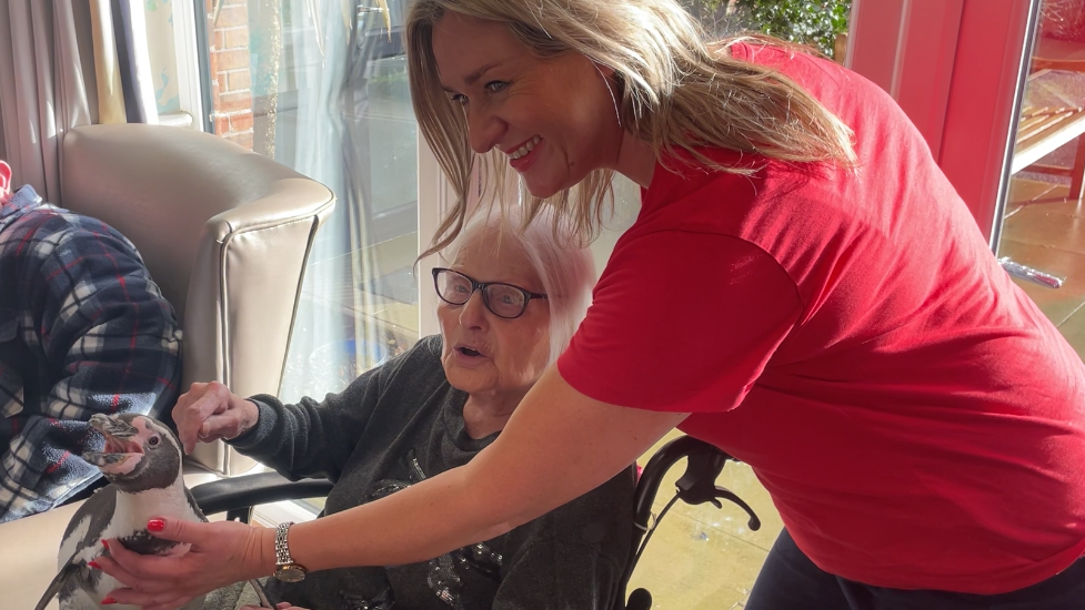 An older woman holds a penguin with help from someone else