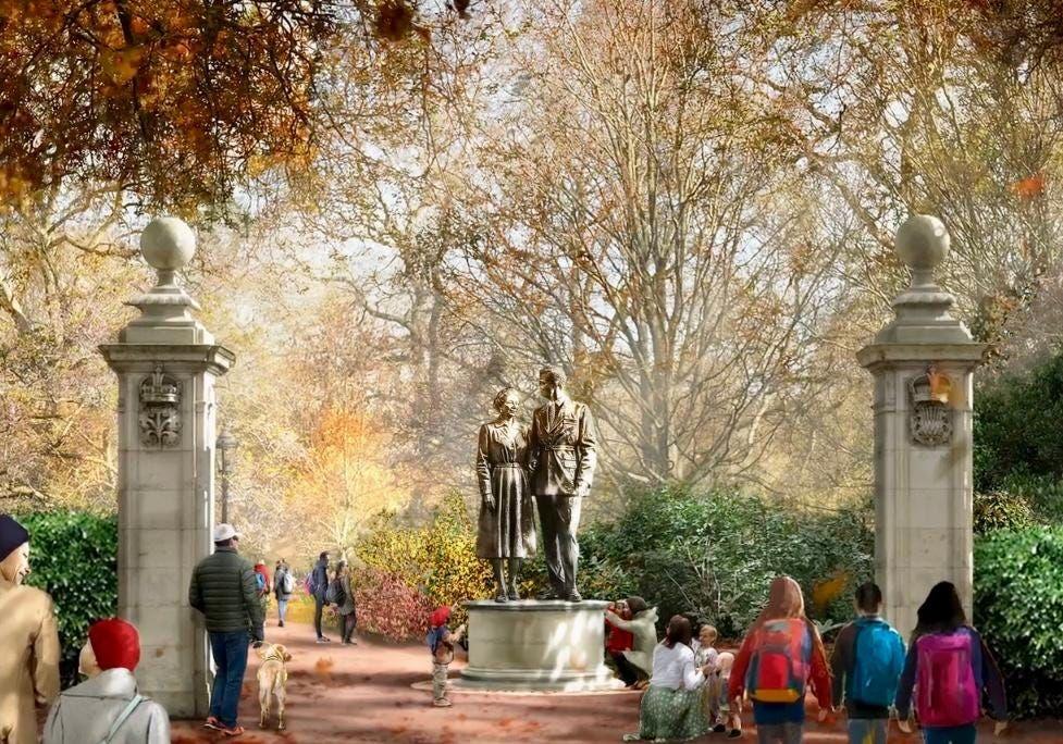 Artist's impression of what the statue of Queen Elizabeth II and the Duke of Edinburgh at the new Prince Philip Gate in St. James’s Park on Birdcage Walk will look like.