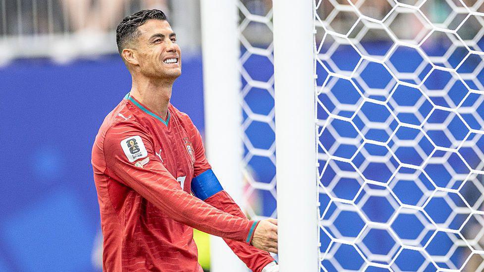Cristiano Ronaldo of Portugal reacting to a missed chance