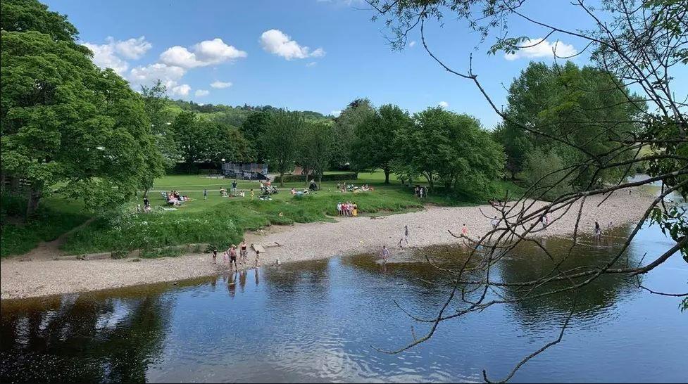 People paddling in the River Wharfe in Ilkley, there is a pebble beach next to the river and fields and trees behind.