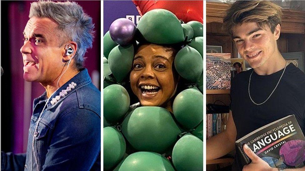 A composite image of three people - on the left, a man with his mouth open looks to the left, he has grey short hair and wears a blue denim jacket. In the middle, a woman smiles with her mouth open with green balloons around her head. On the right, a man with longish brown hair smiles to the camera while holding a book