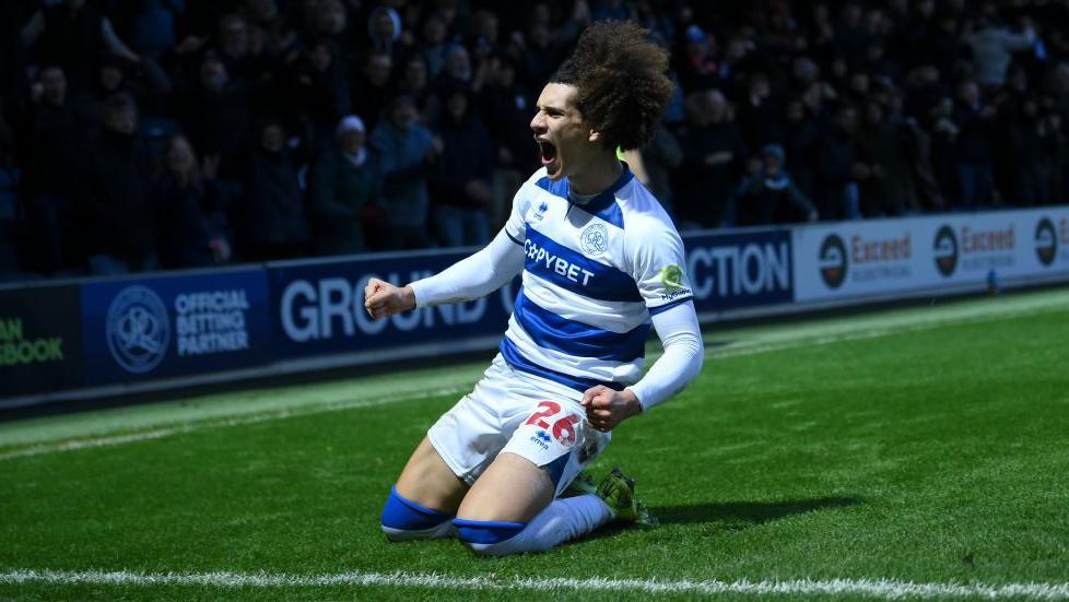 Rayan Kolli of Queens Park Rangers celebrates after scoring a goal during the Sky Bet Championship match between Queens Park Rangers FC and Norwich City FC 