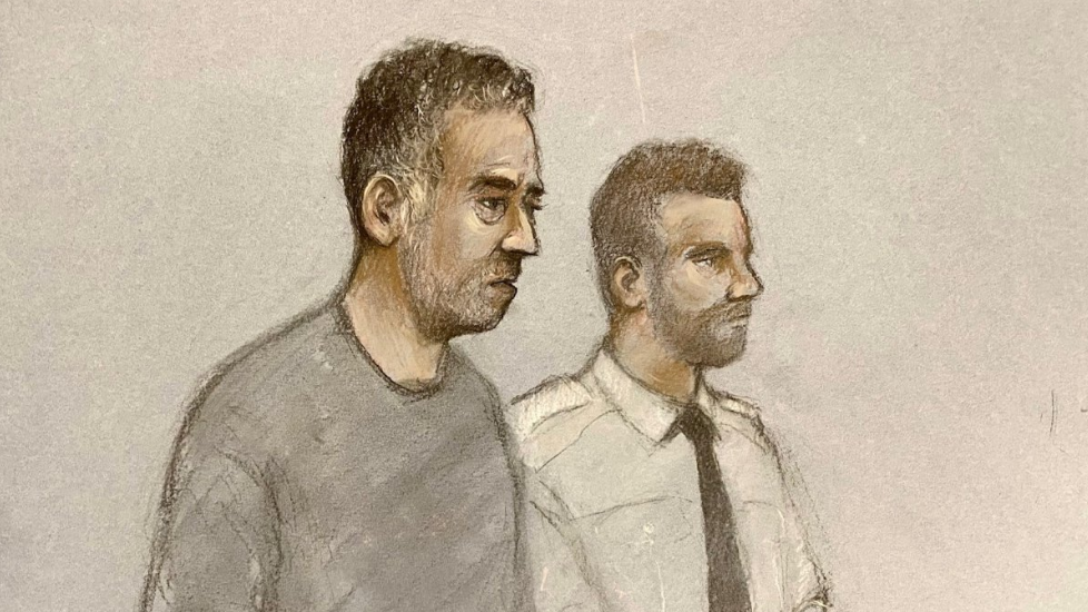 Court artist sketch by Elizabeth Cook of Paul Butler (left) appearing at Plymouth Magistrates' Court. He has black and grey hair and is wearing a grey tracksuit