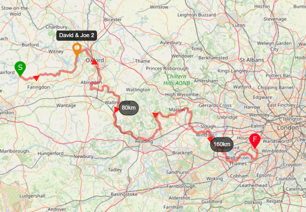 map showing paddleboarding route from Lechlade to Teddington