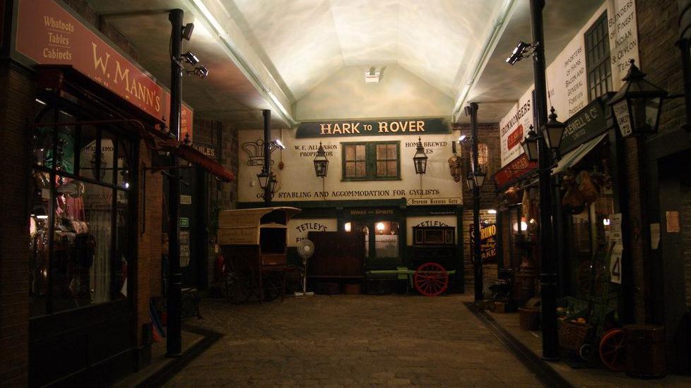 Replica street at Abbey House Museum, including the Hark to Rover pub at the far end