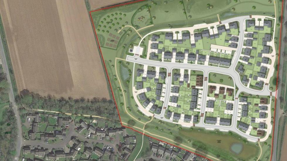 A birds-eye mock up of the houses and where they would be positioned on the land. Surrounding the housing estate, there is a brown field and lots of trees, with an established housing estate to the south of the image.