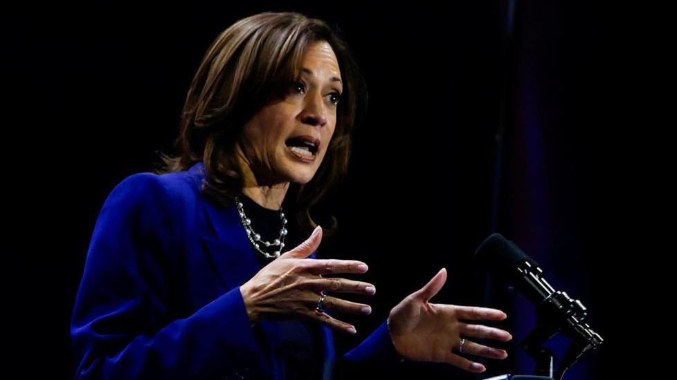 US presidential candidate Kamala Harris speaking to a crowd from behind a microphone. She is wearing a blue blazer.