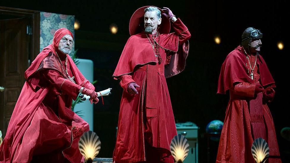 LONDON, ENGLAND - JULY 01: (EXCLUSIVE COVERAGE) (L-R) Terry Gilliam, Michael Palin and Terry Jones perform on the opening night of "Monty Python Live (Mostly)" on July 1, 2014 in London, England. (Photo by Dave J Hogan/Getty Images)
