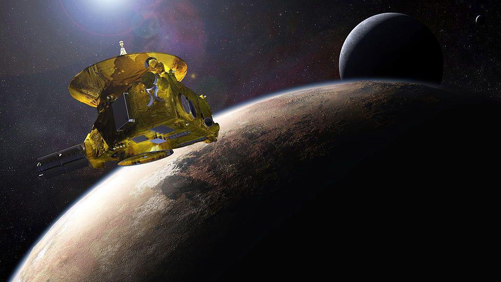 An illustration of New Horizons spacecraft flying by Pluto.