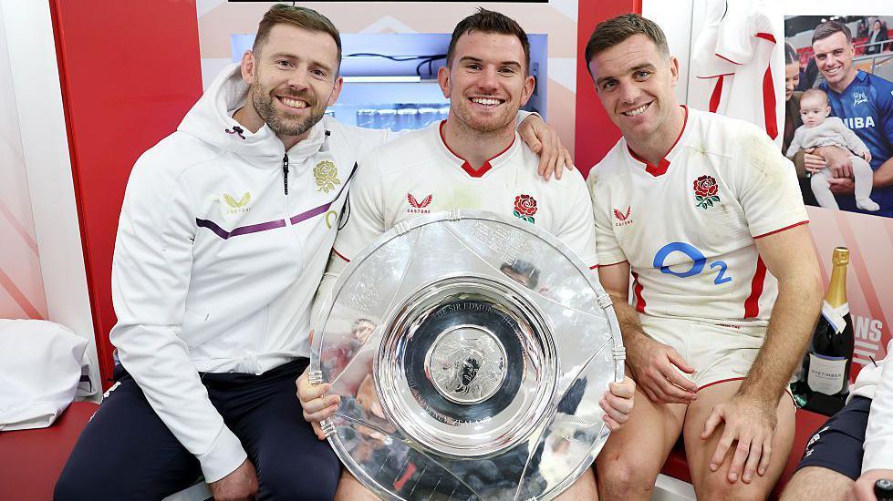 Elliot Daly with Ben Spencer and George Ford