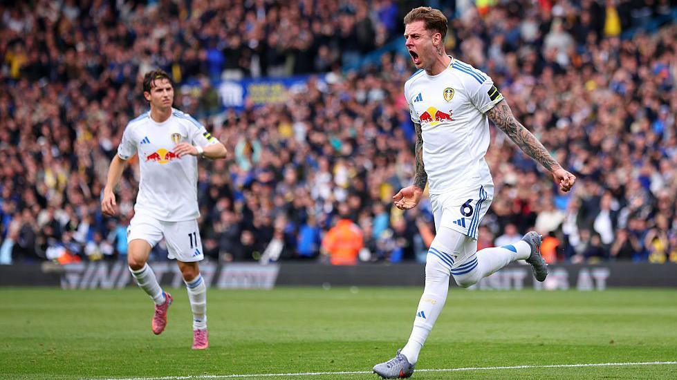 Joe Rodon celebrates a goal for Leeds