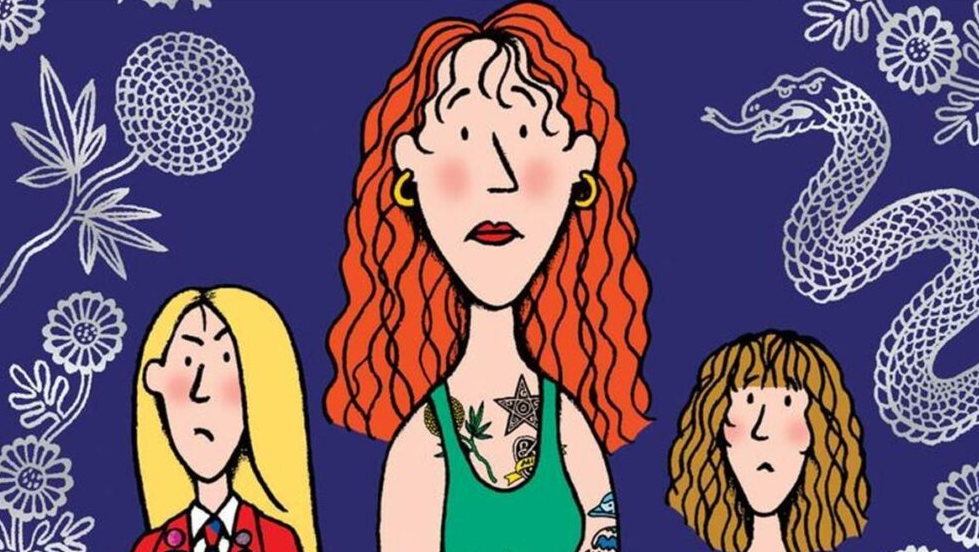 Copy of The Illustrated Mum showing an illustration of a woman with red hair and tattoos and her two children on either side of her