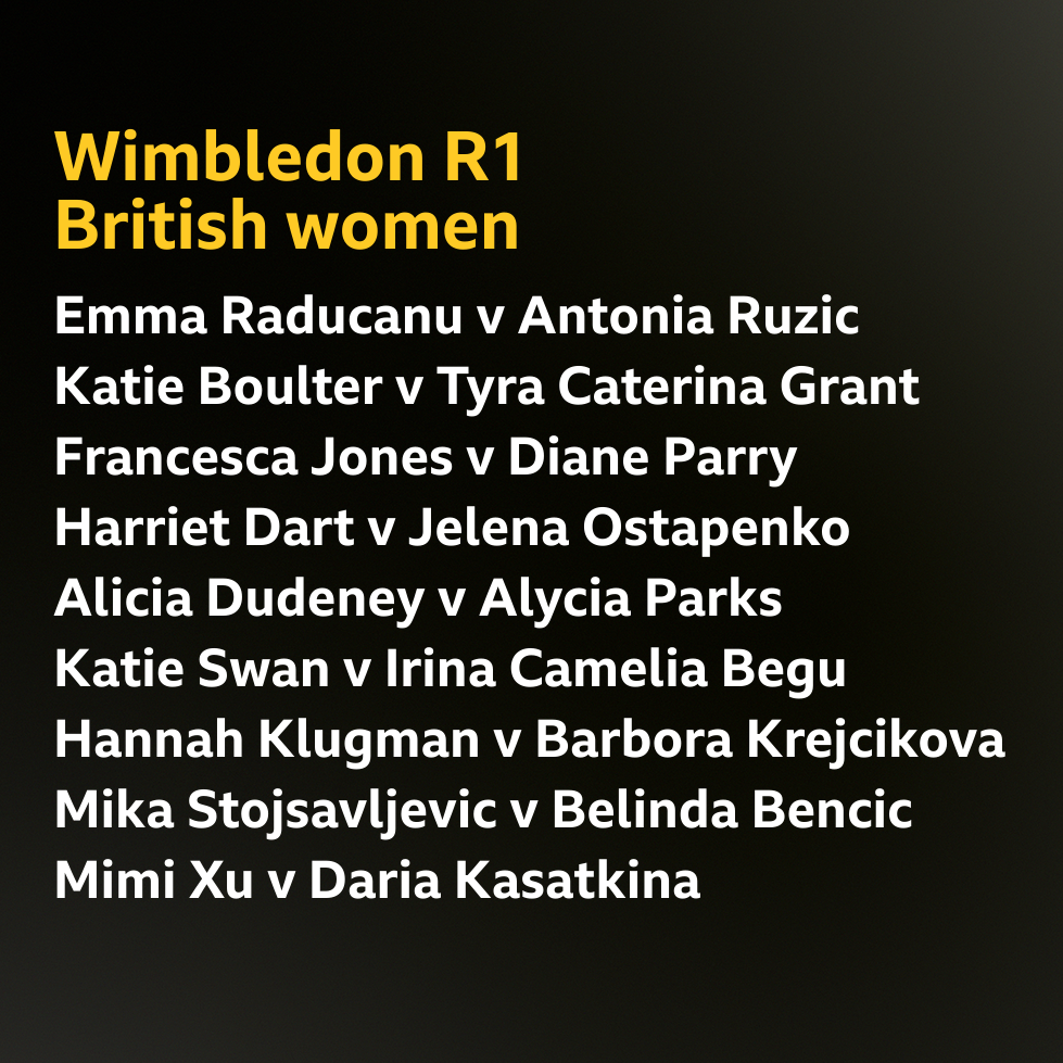 A graphic showing the British women's ties in the Wimbledon first round
Emma Raducanu v Antonia Ruzic
Katie Boulter v Tyra Caterina Grant
Francesca Jones v Diane Parry
Harriet Dart v Jelena Ostapenko
Alicia Dudeney v Alycia Parks
Katie Swan v Irina Camelia Begu
Hannah Klugman v Barbora Krejcikova
Mika Stojsavljevic v Belinda Bencic
Mimi Xu v Daria Kasatkina