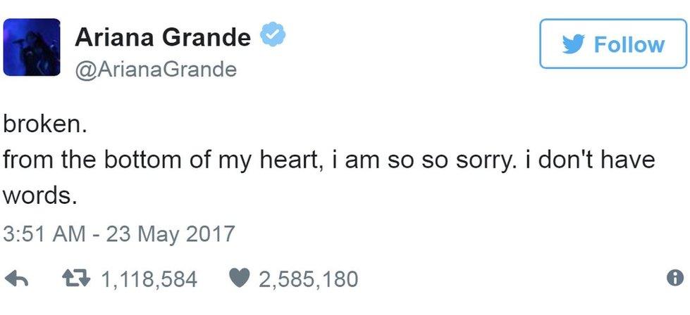 Screen grab of tweet by @ArianaGrande