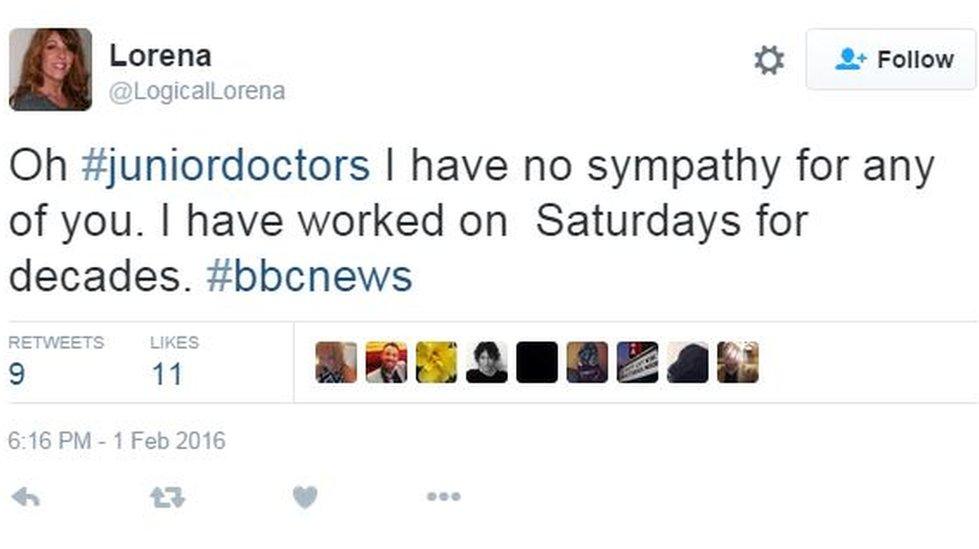 Oh #juniordoctors I have no sympathy for any of you. I have worked on Saturdays for decades #bbcnews