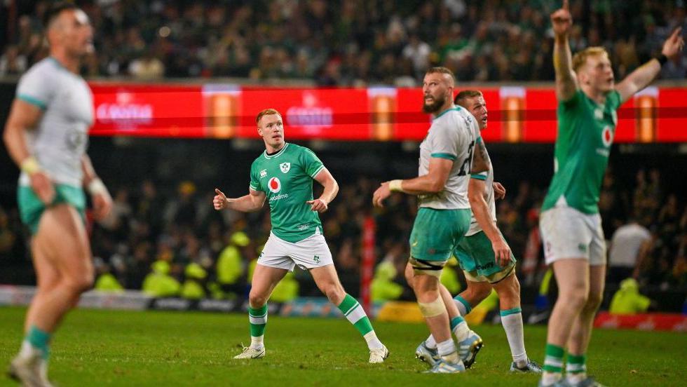 Ciaran Frawley watches his game-winning drop-goal against South Africa