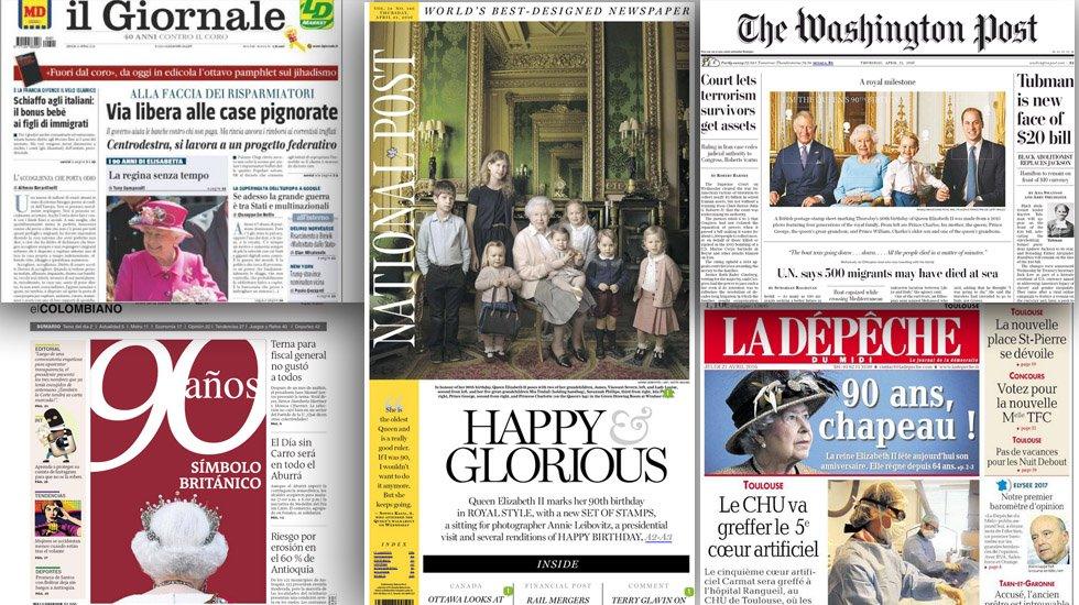 Front pages of newspapers from around the world reporting on Queen's anniversary