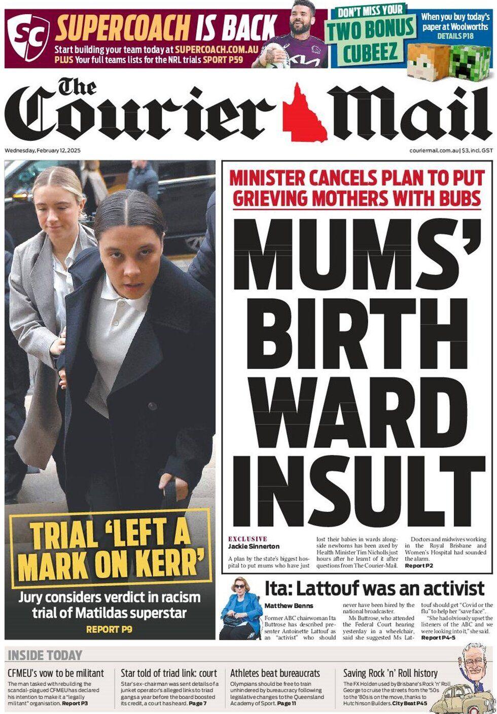 The front page of Australian newspaper The Courier Mail on Wednesday 12 February