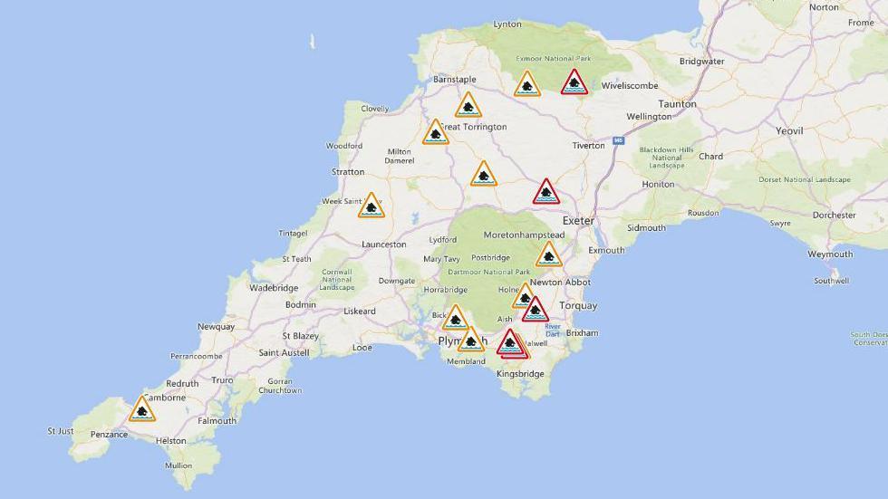 A map from the Environment Agency showing several flood warnings and alerts which have been issued across Devon, Cornwall and Somerset.