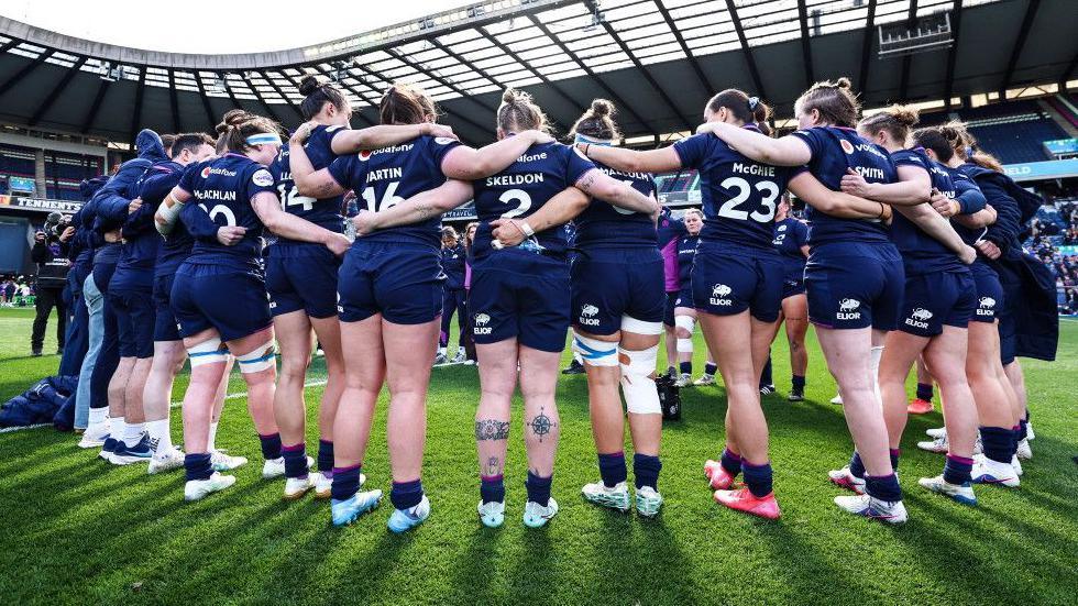 The Scotland squad in a huddle at full time during a Guinness Women's Six Nations match between Scotland and England at Scottish Gas Murrayfield, on April 18, 2026,