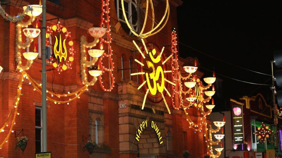 Diwali lights on the Belgrave Neighbourhood Centre in Leicester