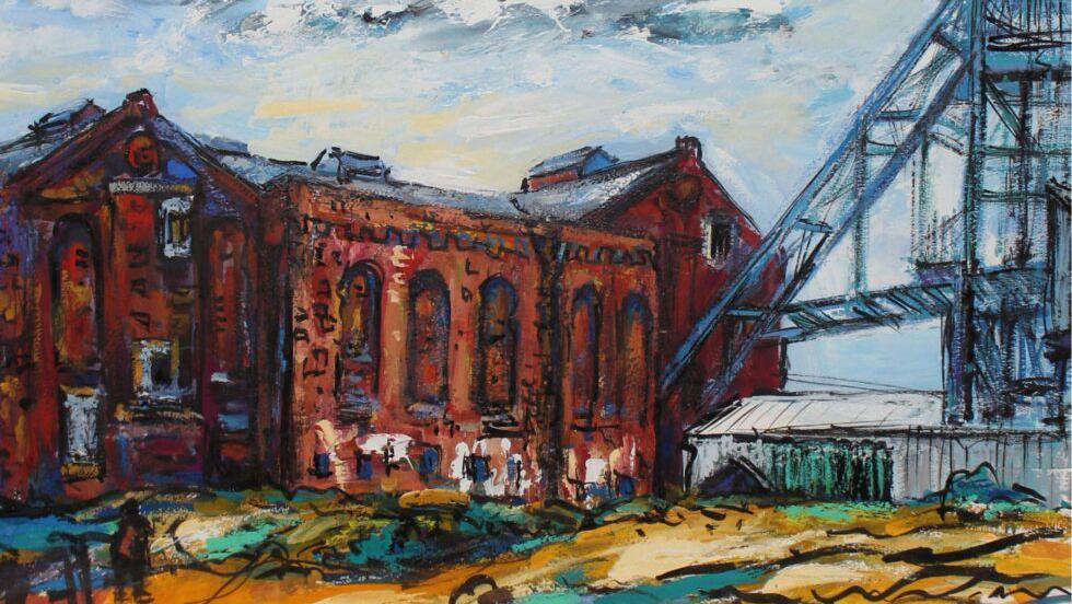 Marjorie Arnfield's Haig Pit. The oil painting shows a brick factory with a steel structure standing to the right. A person stand in the foreground looking at the building.