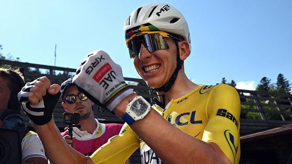 Tadej Pogacar celebrates after winning stage 10 of the 2026 Tour de France