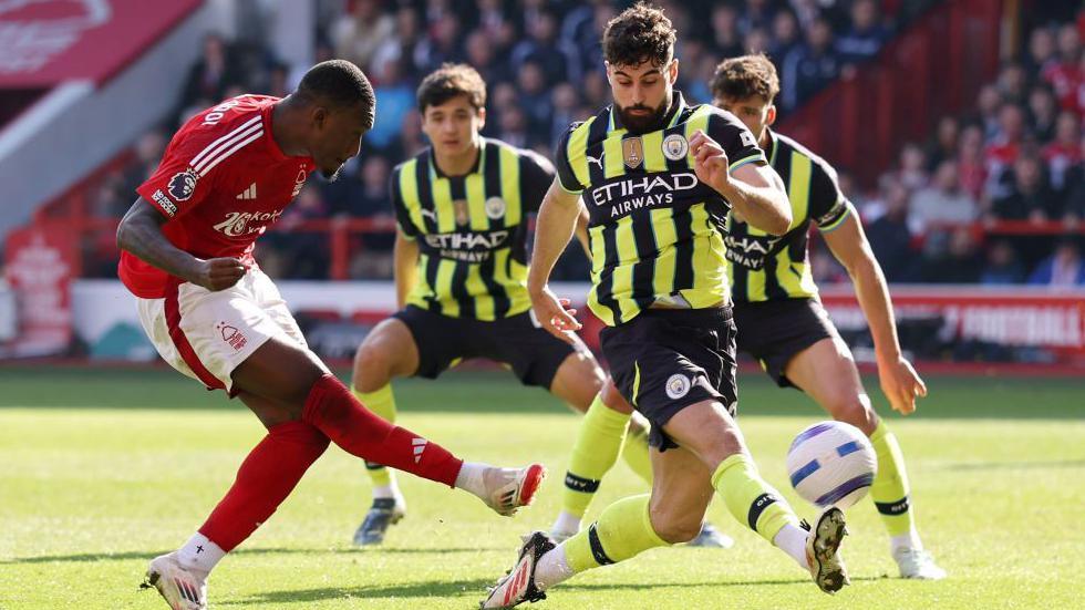 Callum Hudson-Odoi scores for Nottingham Forest against Manchester City in the Premier League