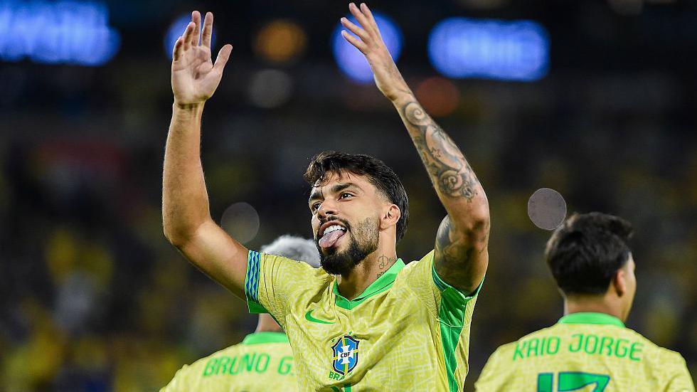 Lucas Paqueta celebrating his goal for Brazil.