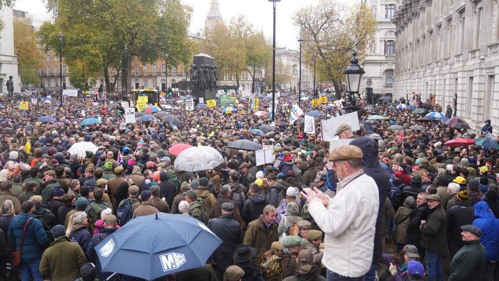 Wide image of a large group of protesting farmers in London on Tuesday