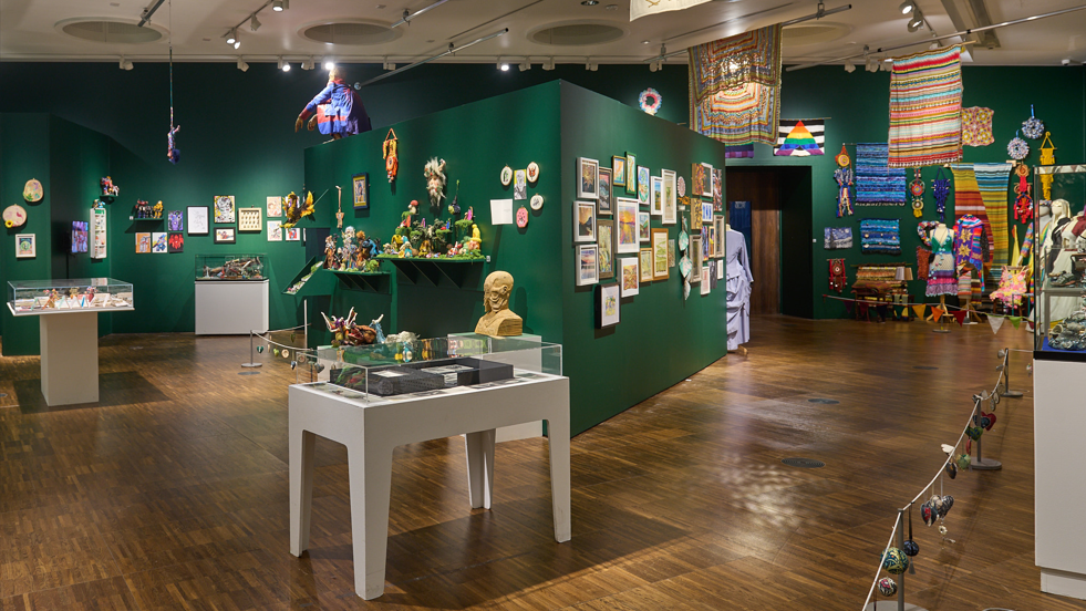 Numerous items are on show at the gallery - on walls and tables and hanging from the ceiling.
