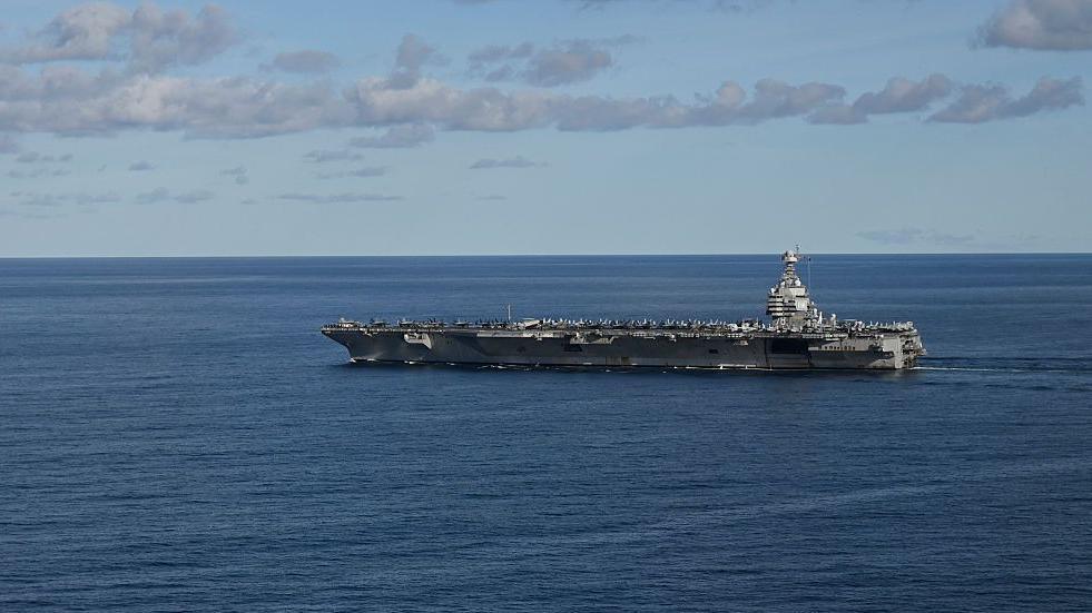 The world's largest aircraft carrier USS Gerald R Ford sails in the North Sea during NATO Neptune Strike 2025 exercise on 24 September 2025